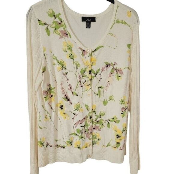 AGB Floral Sweater Women's XL Button Front Summer Cardigan Off White - Picture 1 of 12